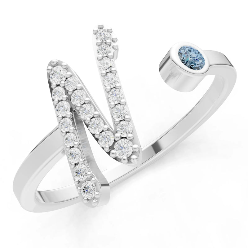 Dainty Initial Letter Birthstone Open Ring – N