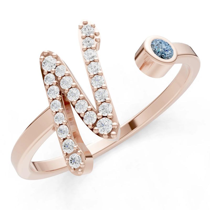 Dainty Initial Letter Birthstone Open Ring – N