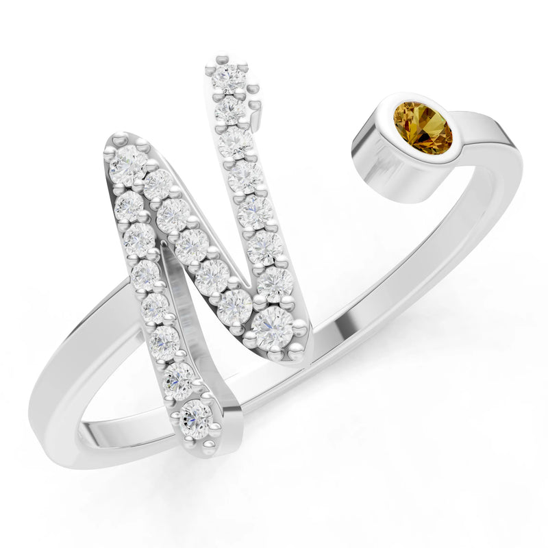 Dainty Initial Letter Birthstone Open Ring – N