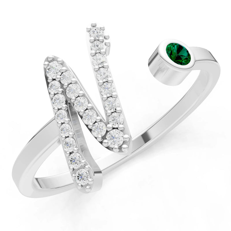 Emerald Dainty Initial Letter Birthstone Open Ring – N