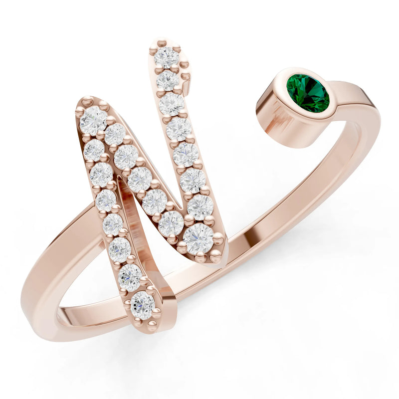 Emerald Dainty Initial Letter Birthstone Open Ring – N