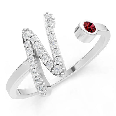 Dainty Initial Letter Birthstone Open Ring – N