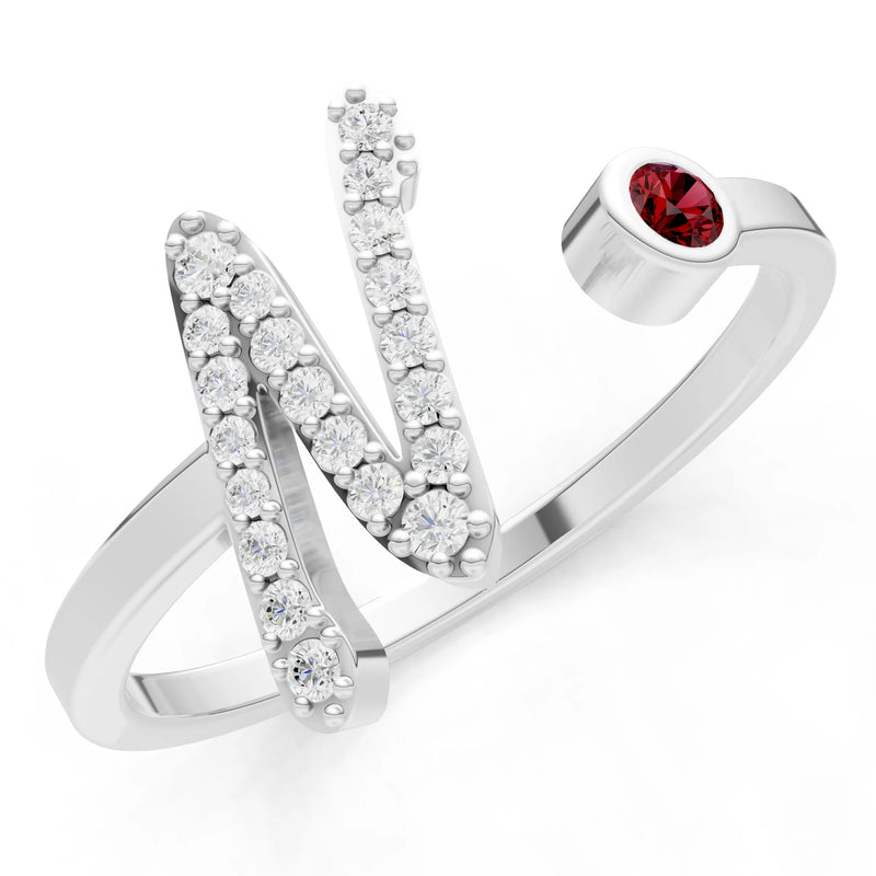 Dainty Initial Letter Birthstone Open Ring – N
