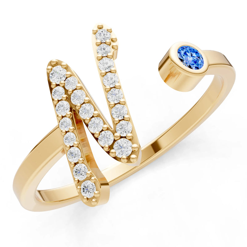 Swiss Blue Topaz Dainty Initial Letter Birthstone Open Ring – N