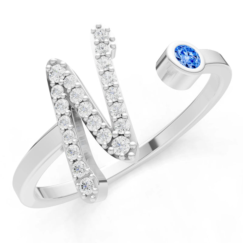 Swiss Blue Topaz Dainty Initial Letter Birthstone Open Ring – N
