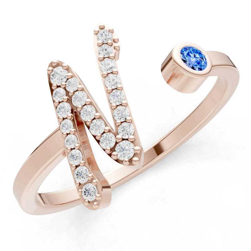 Swiss Blue Topaz Dainty Initial Letter Birthstone Open Ring – N