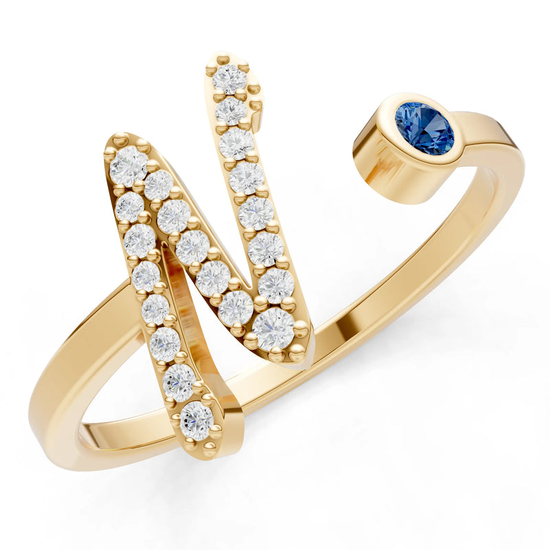 London Blue Topaz Dainty Initial Letter Birthstone Open Ring – N