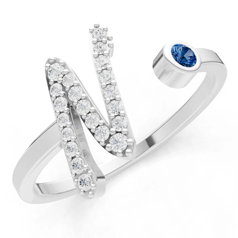 London Blue Topaz Dainty Initial Letter Birthstone Open Ring – N