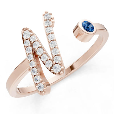 London Blue Topaz Dainty Initial Letter Birthstone Open Ring – N