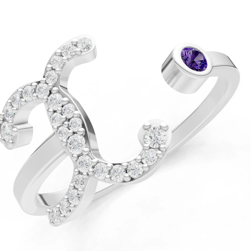 Amethyst Dainty Initial Letter Birthstone Open Ring – X