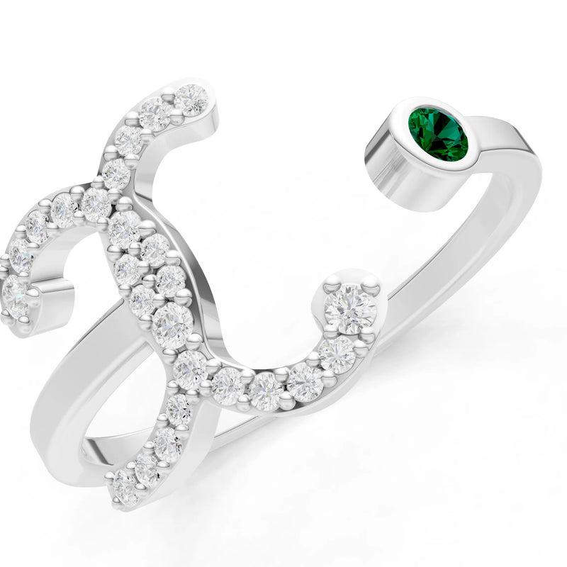 Emerald Dainty Initial Letter Birthstone Open Ring – X