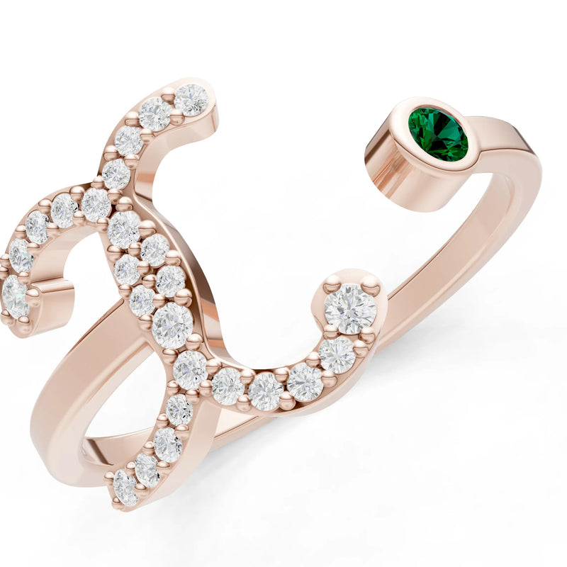 Emerald Dainty Initial Letter Birthstone Open Ring – X
