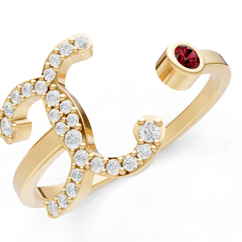 Dainty Initial Letter Birthstone Open Ring – X