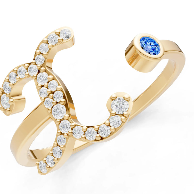 Dainty Initial Letter Birthstone Open Ring – X