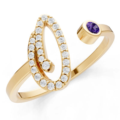 Amethyst Dainty Initial Letter Birthstone Open Ring – O