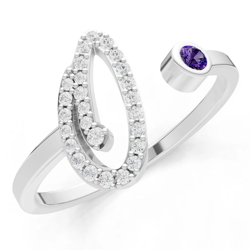 Amethyst Dainty Initial Letter Birthstone Open Ring – O