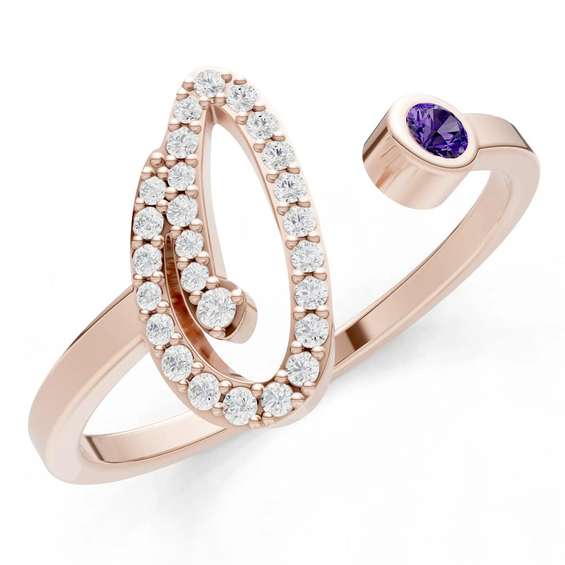Amethyst Dainty Initial Letter Birthstone Open Ring – O