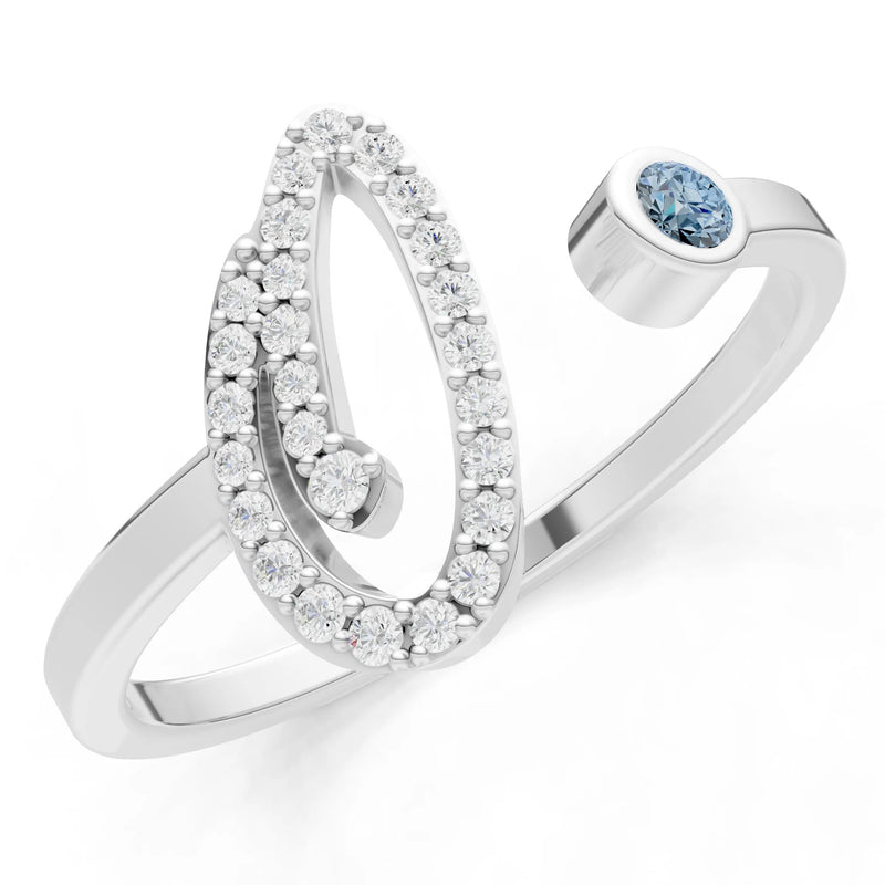 Aquamarine Dainty Initial Letter Birthstone Open Ring – O