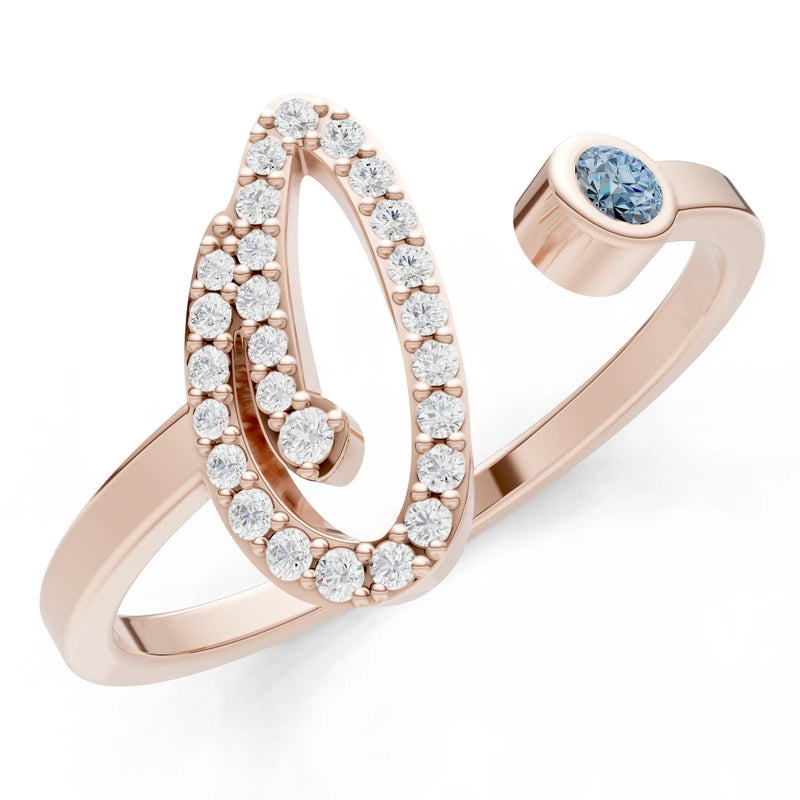 Aquamarine Dainty Initial Letter Birthstone Open Ring – O