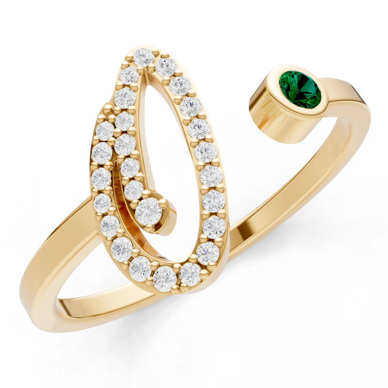 Emerald Dainty Initial Letter Birthstone Open Ring – O