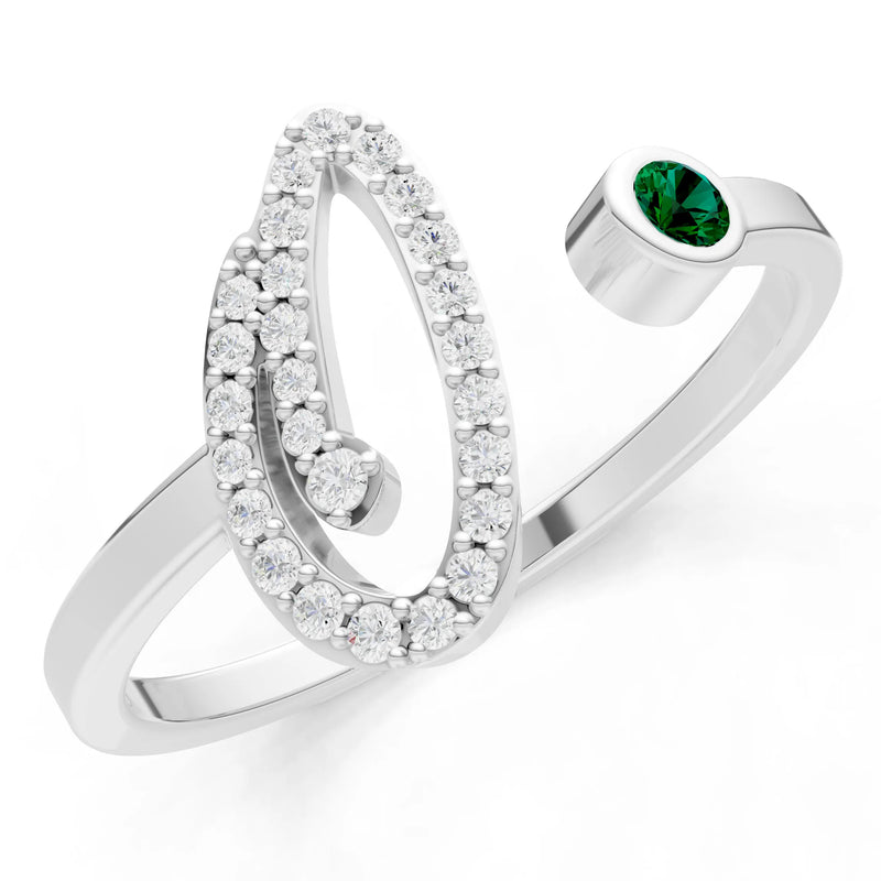 Emerald Dainty Initial Letter Birthstone Open Ring – O