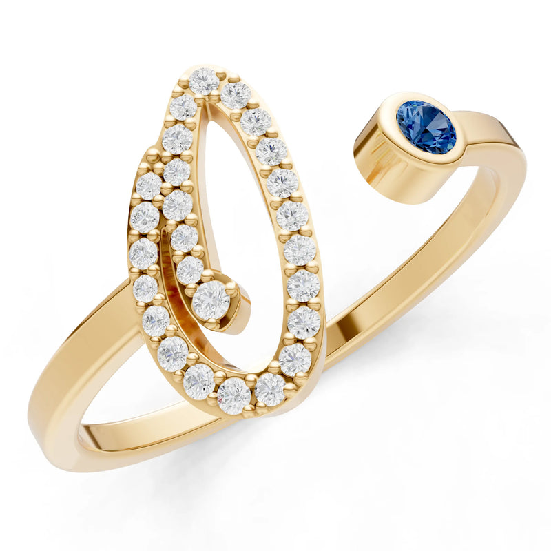 London Blue Topaz Dainty Initial Letter Birthstone Open Ring – O