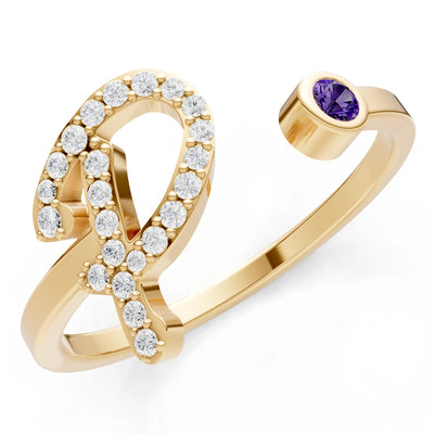 Dainty Initial Letter Birthstone Open Ring – P
