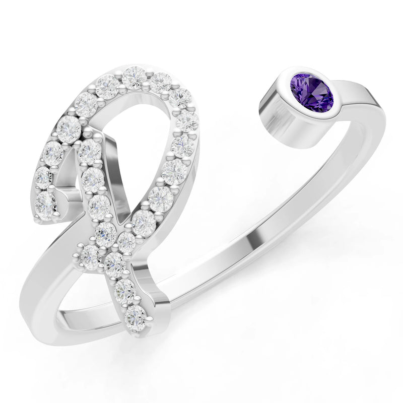 Dainty Initial Letter Birthstone Open Ring – P