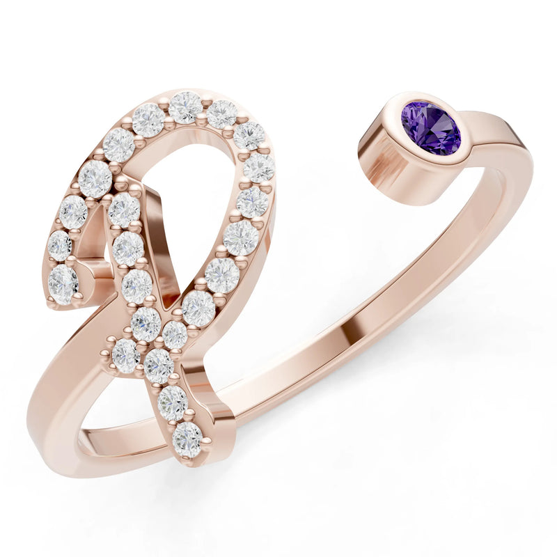 Dainty Initial Letter Birthstone Open Ring – P
