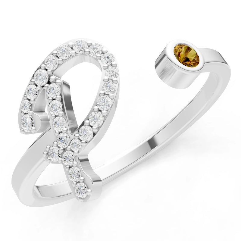 Citrine Dainty Initial Letter Birthstone Open Ring – P