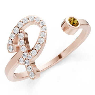 Citrine Dainty Initial Letter Birthstone Open Ring – P