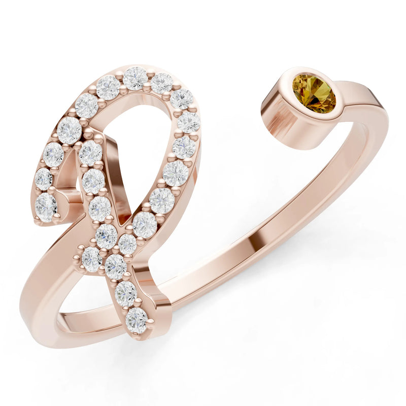 Citrine Dainty Initial Letter Birthstone Open Ring – P