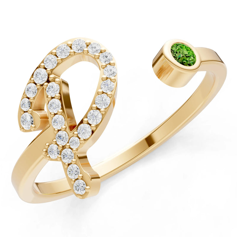 Dainty Initial Letter Birthstone Open Ring – P