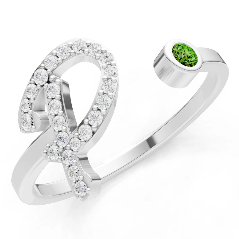 Dainty Initial Letter Birthstone Open Ring – P