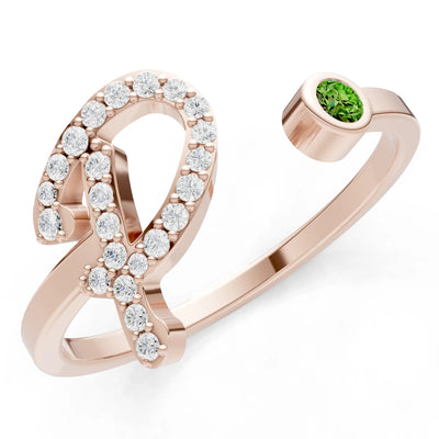 Dainty Initial Letter Birthstone Open Ring – P