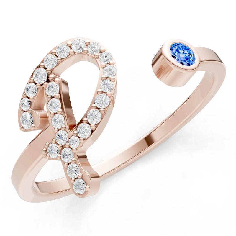 Swiss Blue Topaz Dainty Initial Letter Birthstone Open Ring – P