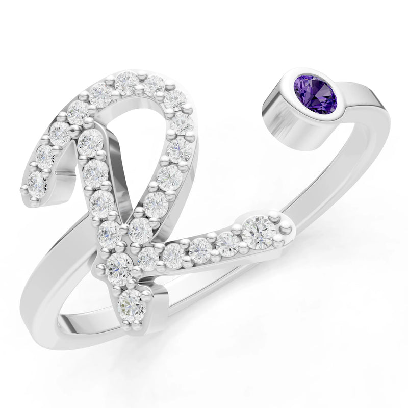 Amethyst Dainty Initial Letter Birthstone Open Ring – R