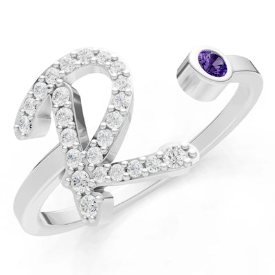 Amethyst Dainty Initial Letter Birthstone Open Ring – R