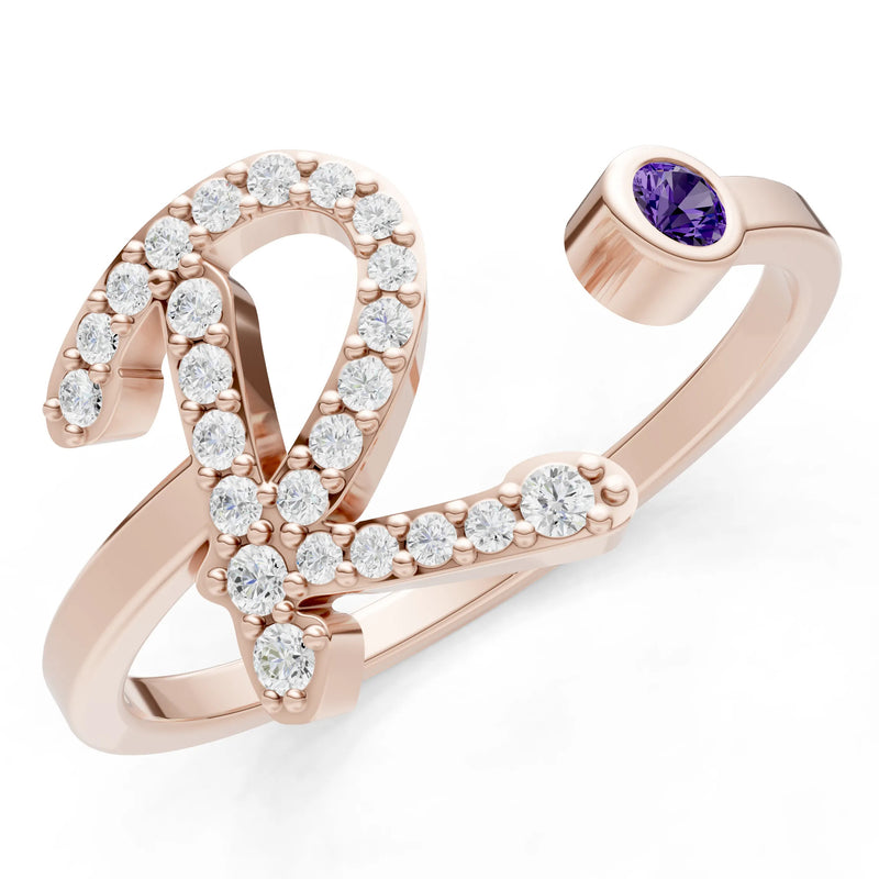 Amethyst Dainty Initial Letter Birthstone Open Ring – R