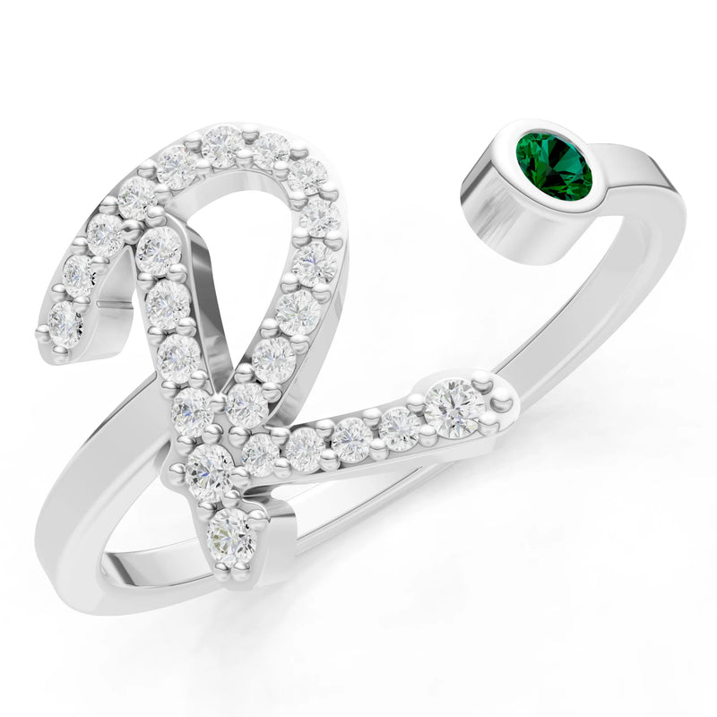Emerald Dainty Initial Letter Birthstone Open Ring – R