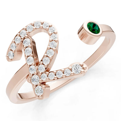 Emerald Dainty Initial Letter Birthstone Open Ring – R