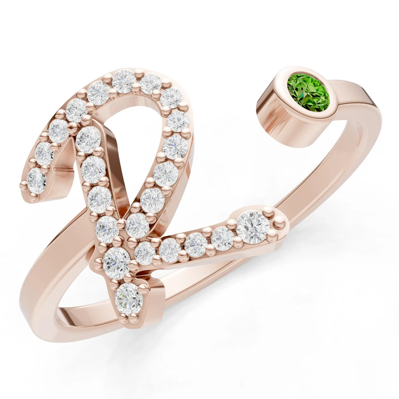 Peridot Dainty Initial Letter Birthstone Open Ring – R