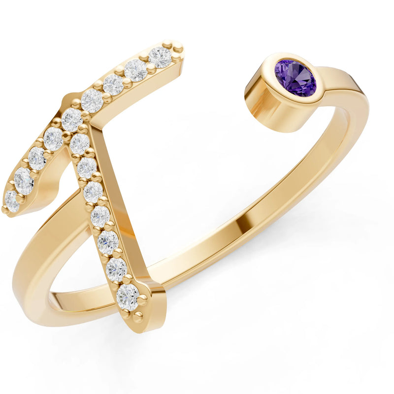 Dainty Initial Letter Birthstone Open Ring – T
