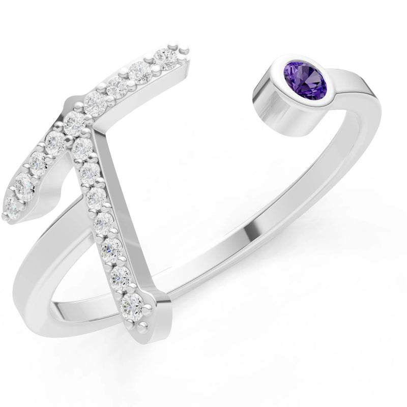 Dainty Initial Letter Birthstone Open Ring – T