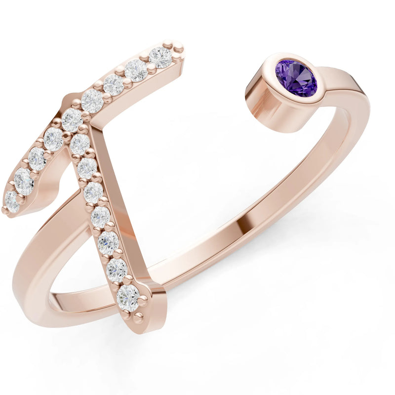 Dainty Initial Letter Birthstone Open Ring – T