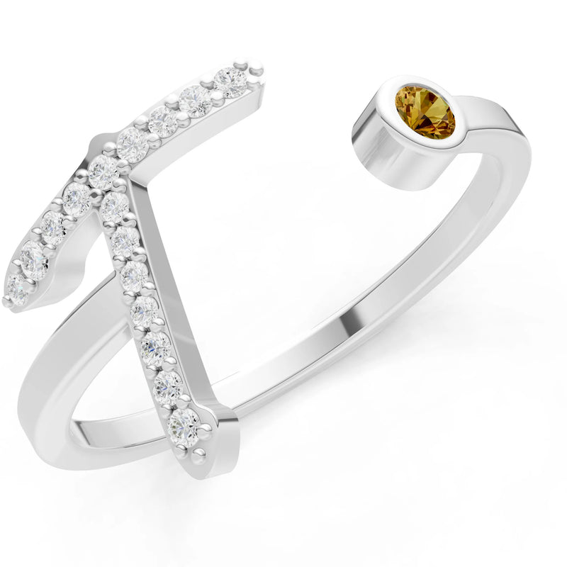 Citrine Dainty Initial Letter Birthstone Open Ring – T
