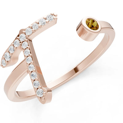 Citrine Dainty Initial Letter Birthstone Open Ring – T