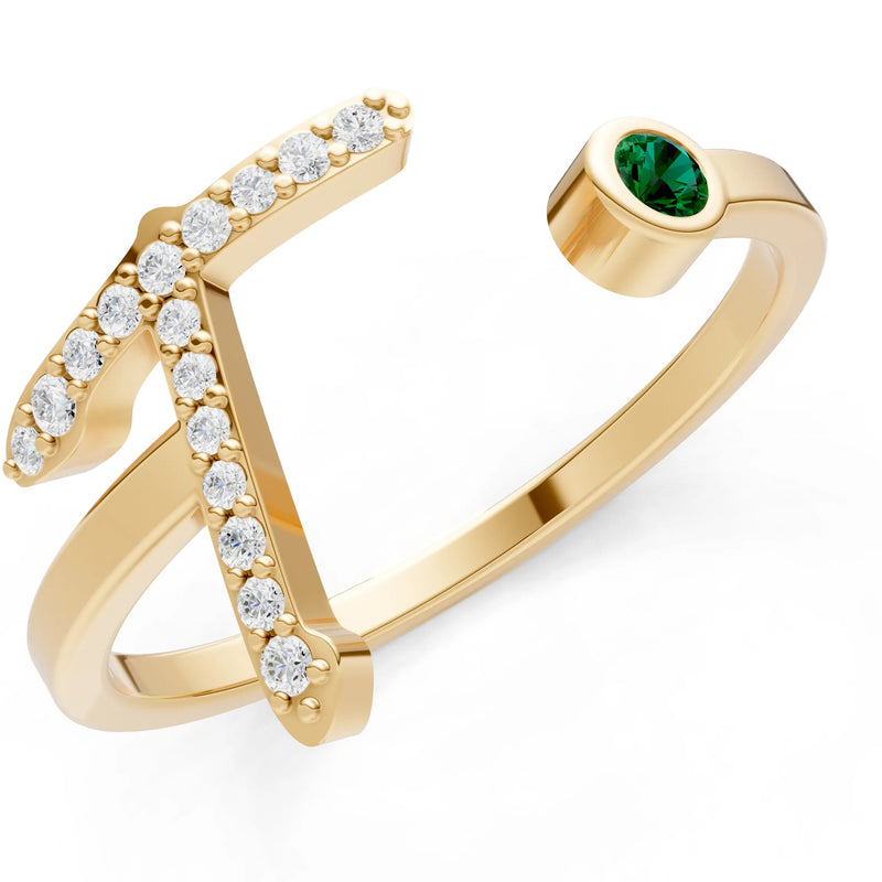 Emerald Dainty Initial Letter Birthstone Open Ring – T