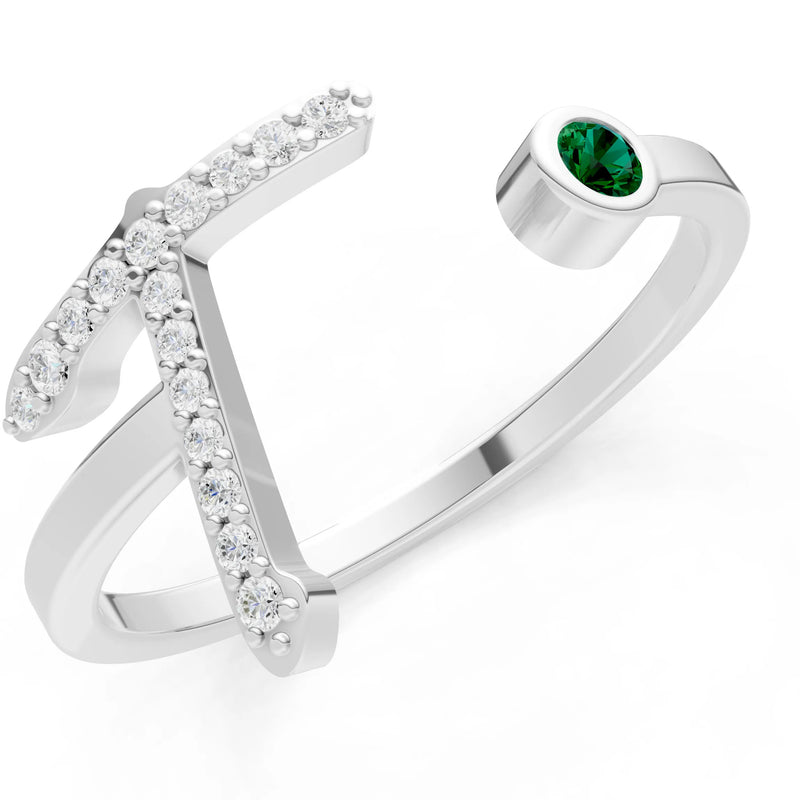 Emerald Dainty Initial Letter Birthstone Open Ring – T