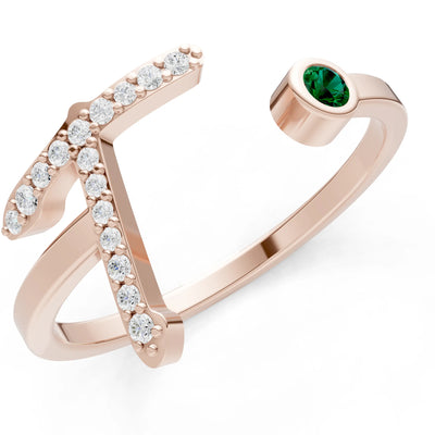 Emerald Dainty Initial Letter Birthstone Open Ring – T